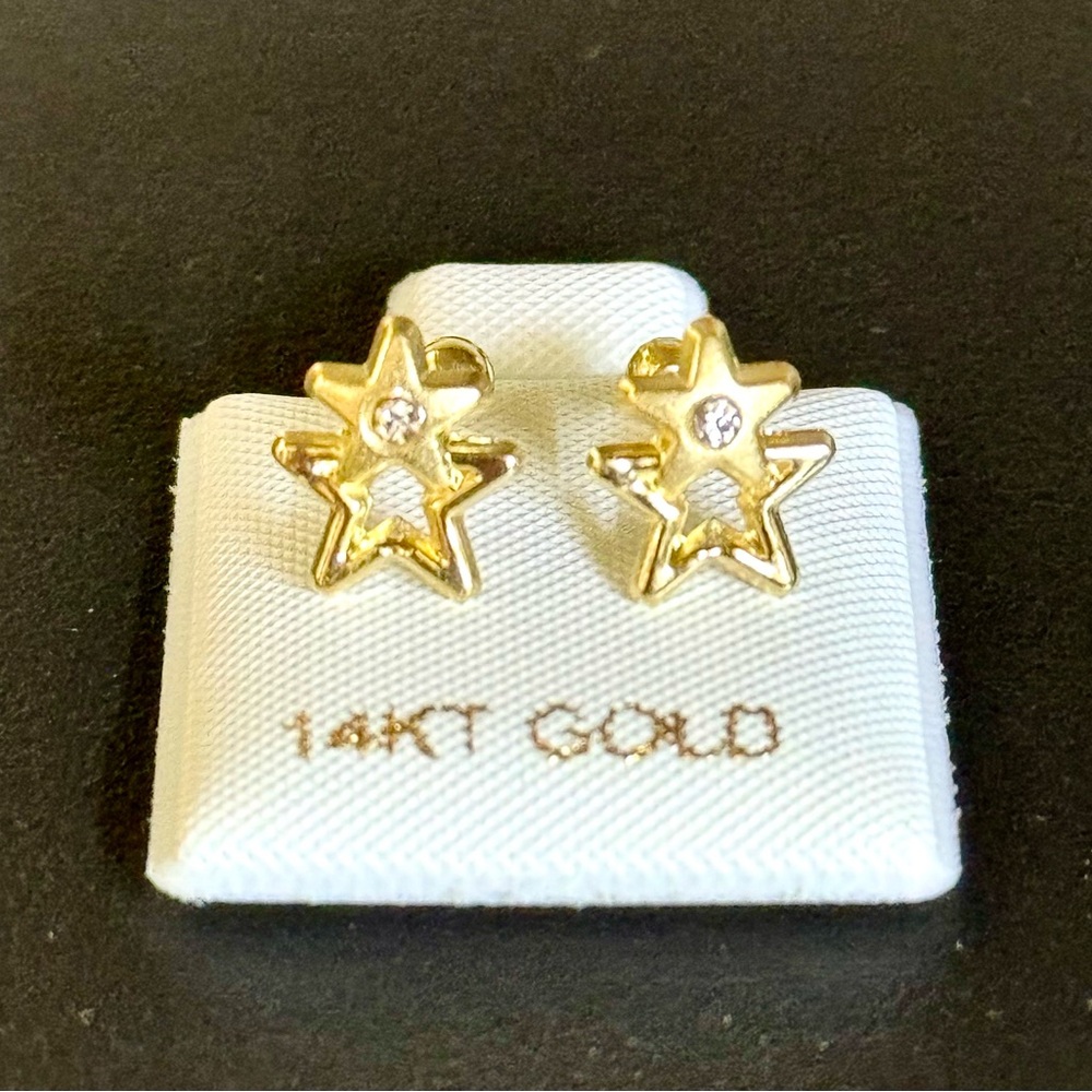 Solid Gold 14 Karat Yellow Double Star Cz Earring